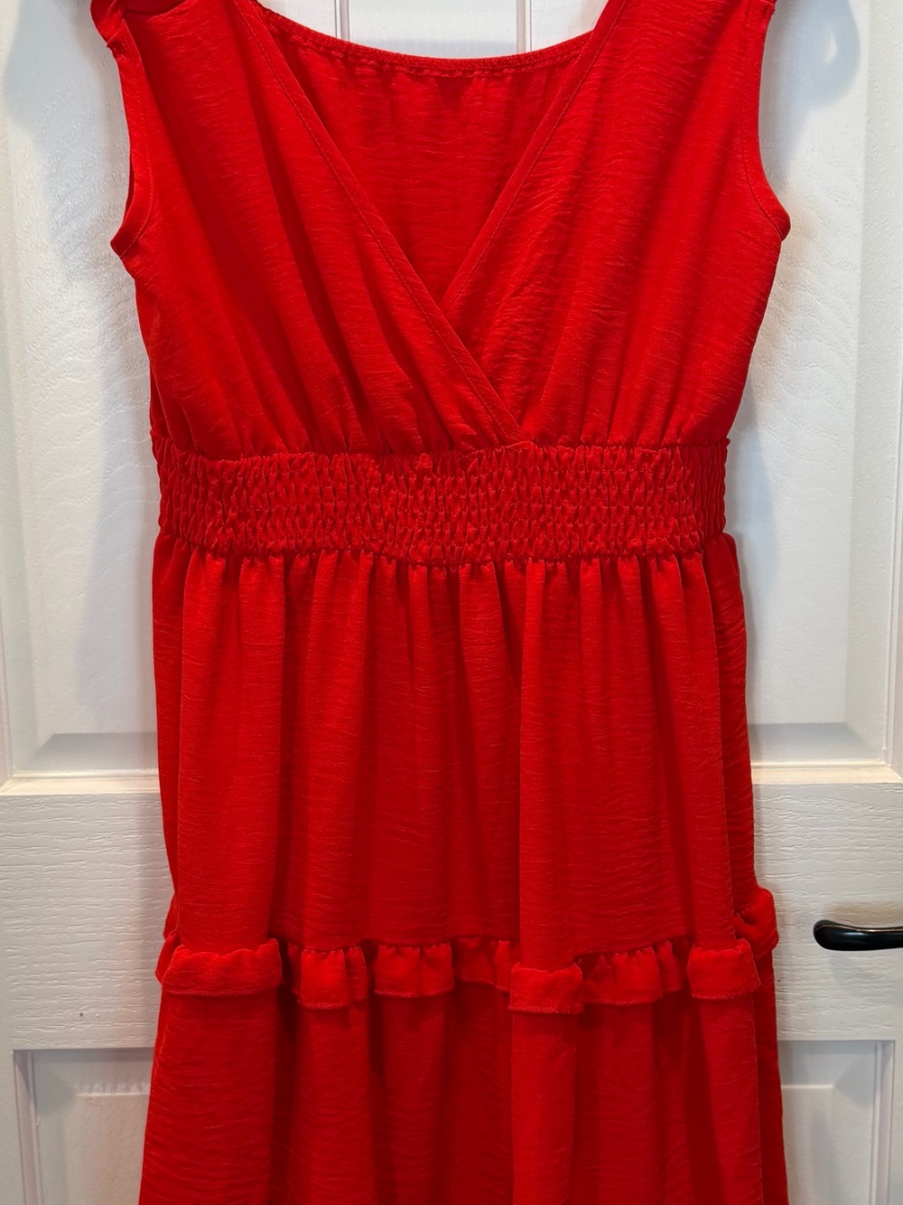 SHEIN Bright Red Sleeveless High Smocked-Waist Midi Dress NEW